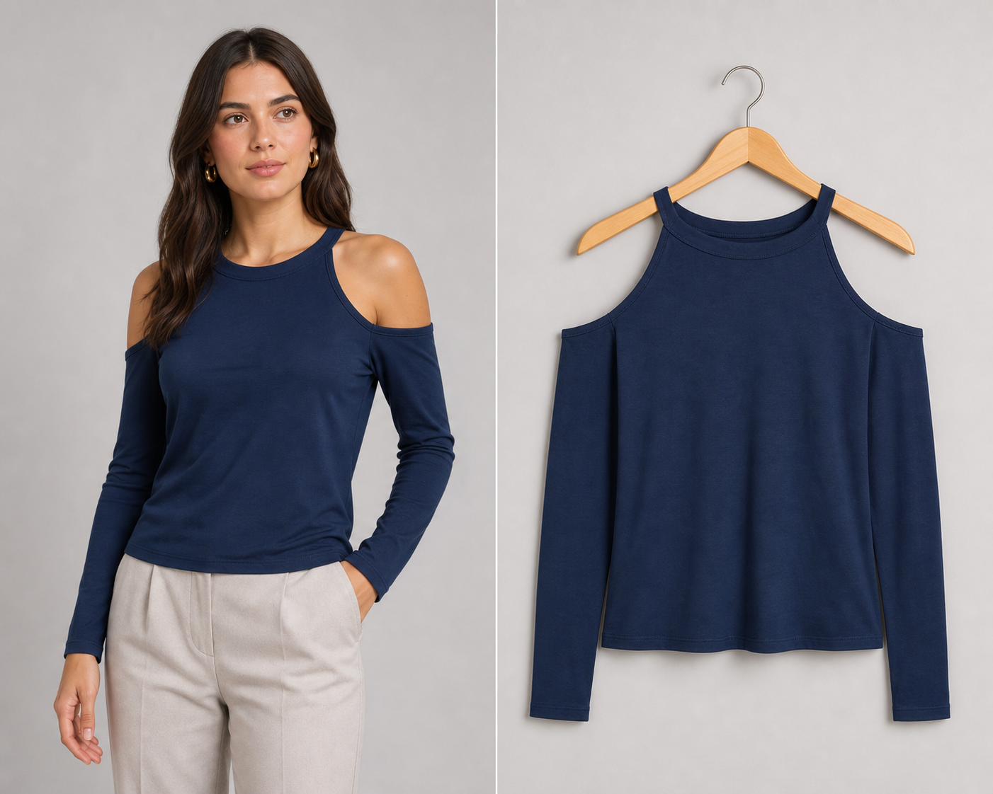 Blusa azul-marinho de ombros vazados