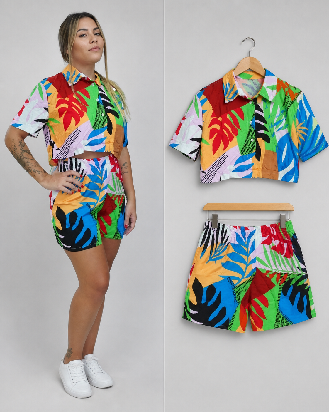 Conjunto tropical camisa cropped e shorts